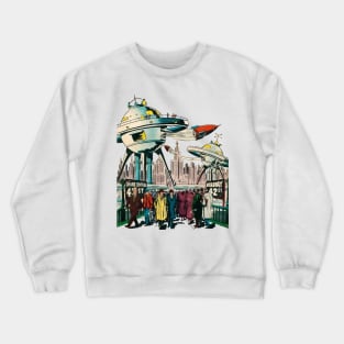 City Futuristic Buildings Crowd Space Rockets Retro Comic Vintage Cartoon Crewneck Sweatshirt